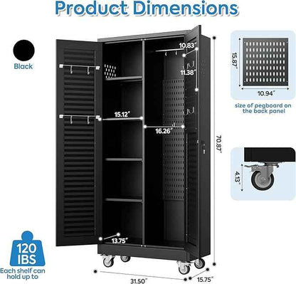 Aobabo Lockable Metal Storage Cabinet with 4 Adjuatable Shelves,Garage Storage Cabinet with Wheels and 5 Remove Pegboard,Required Assembly,Black,70.87''H*31.5''W*15.75''D