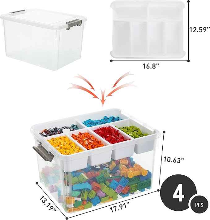 Citylife 32 QT Plastic Storage Bins with Removable Tray Large Stackable Storage Containers for Organizing Craft Storage and Storage Craft, Clothes, Files, Office Supplies, 4 Packs