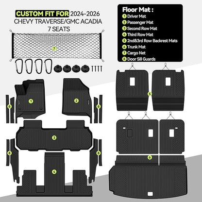 Tongama-Floor Mats for 2024-2026 Chevy Traverse/GMC Acadia 7 Seat with Bucket Seats, All Weather TPE Trunk Mat & 2nd/3rd Row Backrest Mats & Cargo Net & Full Coverage Door Sill Guards Kit