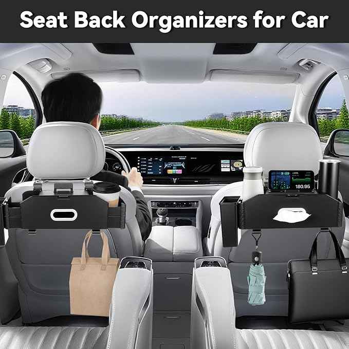 7-In-1 Car Seat Back Organizer with Cup Holders, Tissue Box, Removable Trash Can & Hooks, Multifunctional Car Seat Back Storage Box, Extra Headrest Cup Holder for Backseat (Black02)