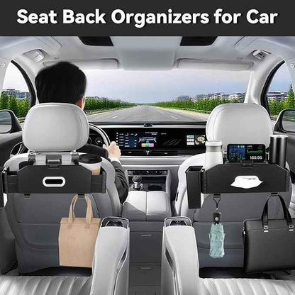 7-In-1 Car Seat Back Organizer with Cup Holders, Tissue Box, Removable Trash Can & Hooks, Multifunctional Car Seat Back Storage Box, Extra Headrest Cup Holder for Backseat (Black02)