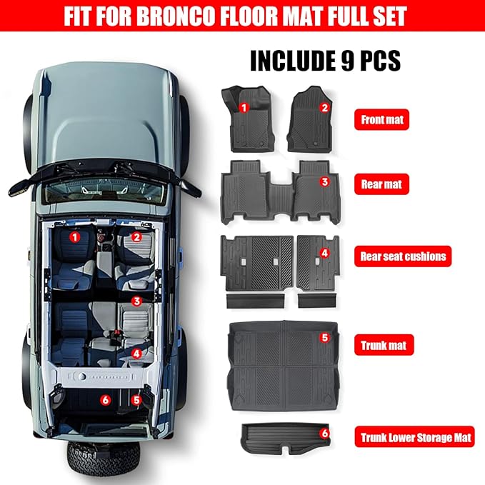 Mabett Interior Cover Mats for Ford Bronco Accessories 4-Door 2026,2021-2025 Floor Mats Rear Seat Back Cover and Cargo Liners with Trunk Lower Storage Mat（Not fit Bronco Sport）