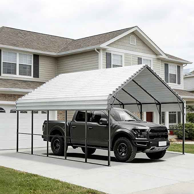 Metal Carport Heavy Duty 13x26ft Outdoor Galvanized Steel Car Port, Vehicle Canopy Garage Shade, Multi-Use Shelter for Car, Boat, Tractors & Outdoor Storage