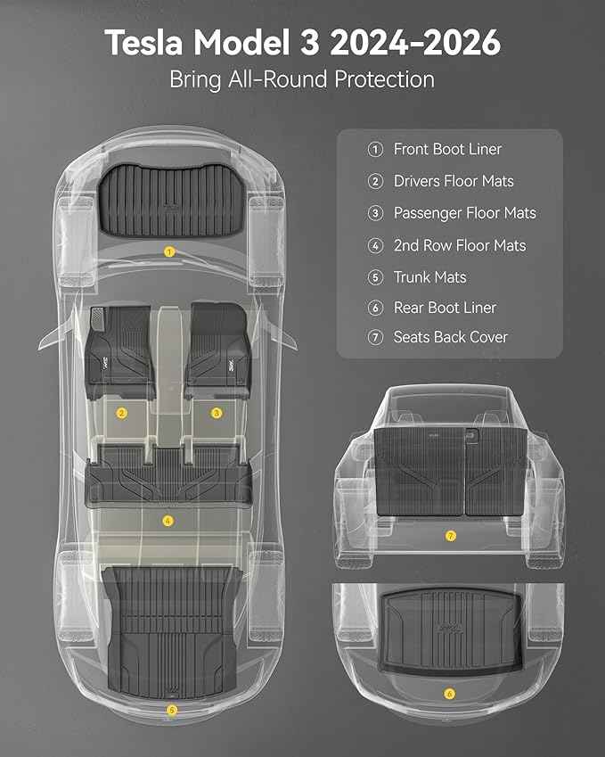 3W Tesla Model 3 Floor Mats 2026 2025 2024 with Mental Pedal, Full Set with Seatback Protector, Highland All Weather Custom Fit Rear Trunk Mat Accessories Black