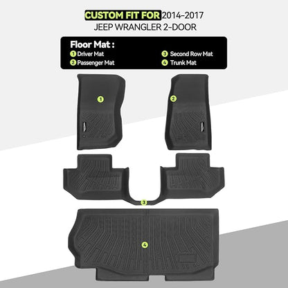 Tongama-Floor Mats for 2014-2017 Jeep Wrangler 2-Door, All Weather TPE Floor Liners and Trunk Mat for Wrangler 2-Door Interior Waterproof Accessories