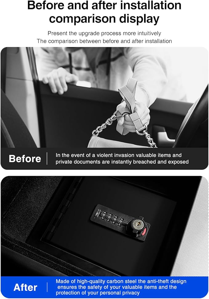 Fit 2025 2026 Tesla Model Y Juniper Center Console Gun Safe Vault For Tesla Model 3 Highland Armrest Lock Box Secure Vehicle Accessory with 4-digit Lock with Password Retrieval Key.