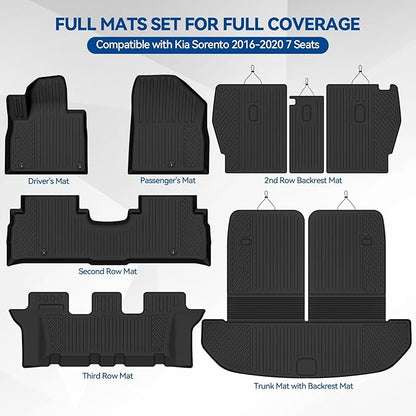 Custom Fit Floor Mats for Kia Sorento 2016-2020 7 Seats, All Weather TPE Floor Liners with Trunk Mat & Backrest Protectors, Odorless Full Set Interior Accessories