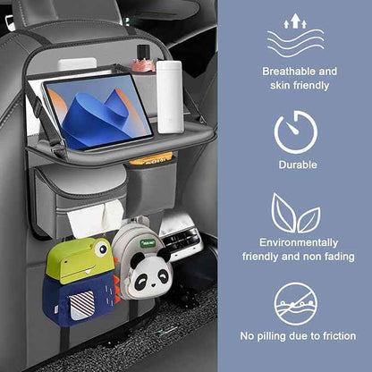 2 Pack Back Seat Car Organizer with Fold-Out Tray - Upgraded with Nappa Leather, Travel Tray for Kids, Foldable Car Desk, Includes Tissue Dispenser & Waterproof Pockets, Grey