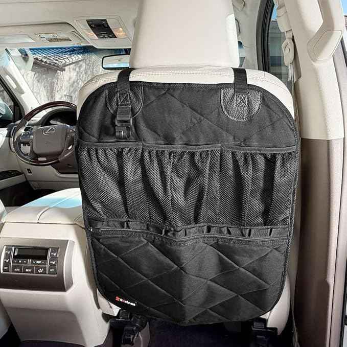 4Knines Car Seat Back Organizer – Heavy-Duty Kick Mat w/Mesh Storage Pockets, Bottle Hook – UV-Resistant Hardware – Waterproof Backseat Organizer for Kids & Pets – Fits SUVs, Trucks, Cars – Black