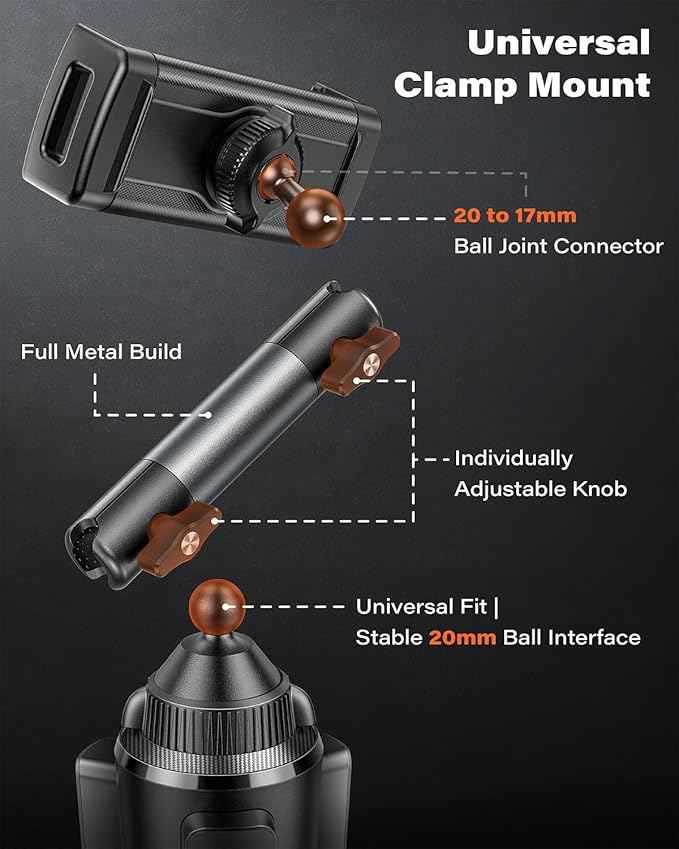A2C Heavy-Duty iPad Holder for Car Cup Holder, 5.5" Stable & Adjustable Aluminum Alloy Arm, Tablet Mount for Car Truck Road Trip Essentials Compatible with 4.7"-13" Cell Phones & Tablets