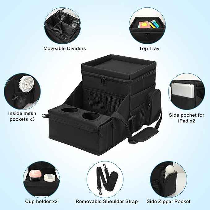 COOLBEBE Car Seat Organizer, Backseat Car Organizer with Cup Holders for Kids and Adults Travel, Cooler Compartment Passenger Seat Organizer Storage Box for Front or Middle Seat, Black