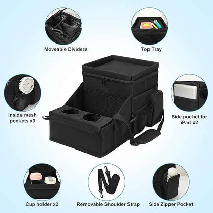 COOLBEBE Car Seat Organizer, Backseat Car Organizer with Cup Holders for Kids and Adults Travel, Cooler Compartment Passenger Seat Organizer Storage Box for Front or Middle Seat, Black