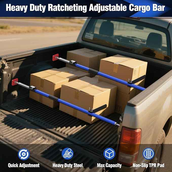 3-H Truck Cargo Bar, 43"-77" Adjustable Support Pole All Metal,Cabinet Jack,Truck Bed Divider with Self-Locking Spring Ratchet- Load Lock Bar for Vans, SUVs & Trucks,Blue,1pc & Divider Bar
