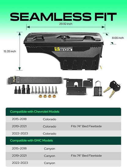 YHTAUTO Passenger Side Truck Bed Storage Tool box Compatible with 2015-2023 Chevrolet Colorado & GMC Canyon, 2019-2021 Fits 74" Bed, Lockable Swing Waterproof Wheel Well Toolbox