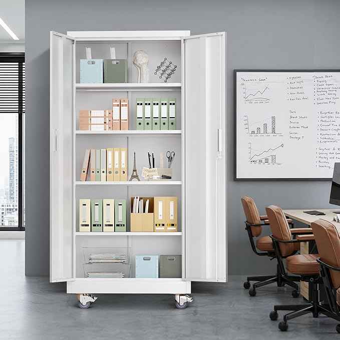 VINGLI Rolling Metal Storage Cabinet with Adjustable Shelves, 71'' Tall Garage Storage Cabinet with Wheels, Locking Tool Cabinets for Home Office Garage Gym School (White)