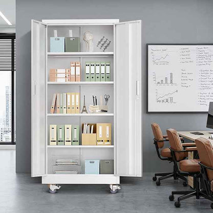 VINGLI Rolling Metal Storage Cabinet with Adjustable Shelves, 71'' Tall Garage Storage Cabinet with Wheels, Locking Tool Cabinets for Home Office Garage Gym School (White)