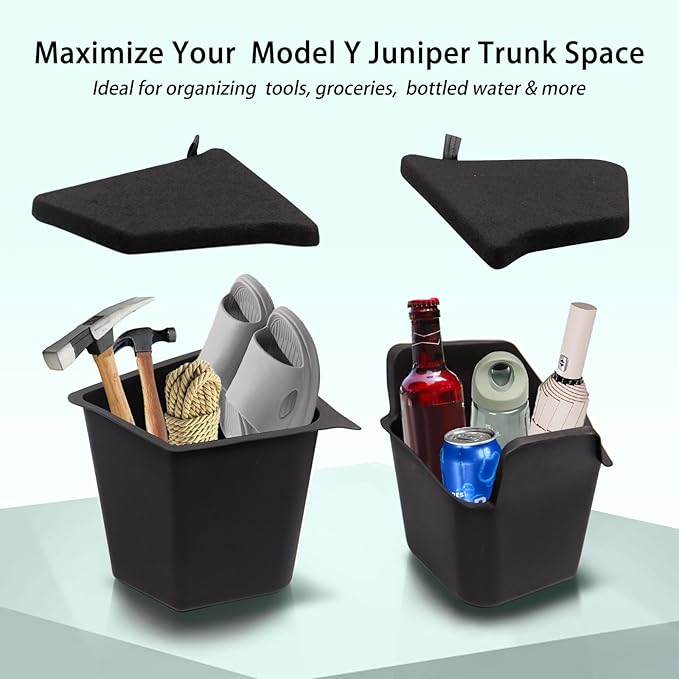 Trunk Storage Bins Trunk Organizer for 2025 2026 Tesla Model Y Juniper 5-Seater, 2PCS Large-Capacity Rear Side Storage Boxes with Carpeted Lid for Model Y Juniper Interior Accessories