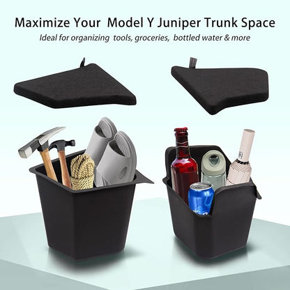 Trunk Storage Bins Trunk Organizer for 2025 2026 Tesla Model Y Juniper 5-Seater, 2PCS Large-Capacity Rear Side Storage Boxes with Carpeted Lid for Model Y Juniper Interior Accessories
