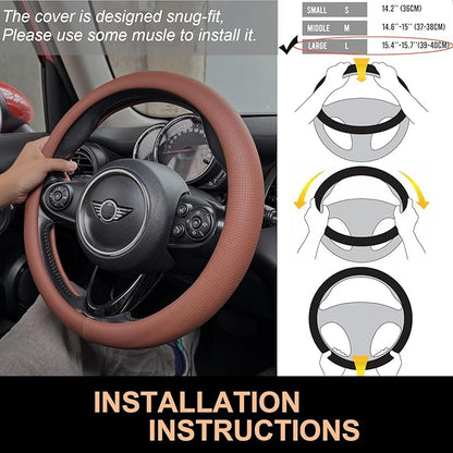 PINCTROT Large Size Nappa Leather Steering Wheel Cover, Slim Fit No Bulk Design, One Piece Leather with Breathable Perforation, Fit Like Gloves, 15.5-15.75 Inch(Nappa Brown)