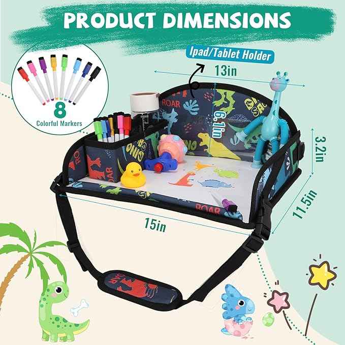 Kids Travel Tray for Airplane - Toddler Car Seat Table Tray, Road Trip Essentials for Boys & Girls, Carseat Lap Desk for Kids Road Trip Activities, Dinosaur