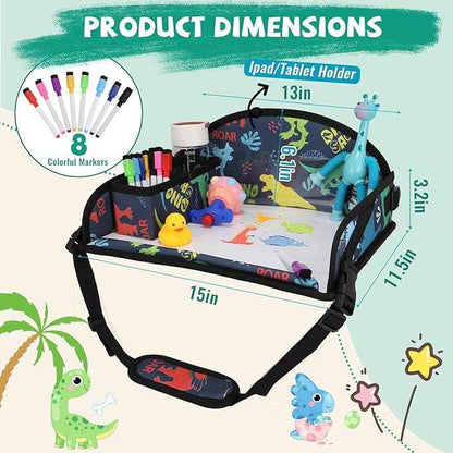 Kids Travel Tray for Airplane - Toddler Car Seat Table Tray, Road Trip Essentials for Boys & Girls, Carseat Lap Desk for Kids Road Trip Activities, Dinosaur