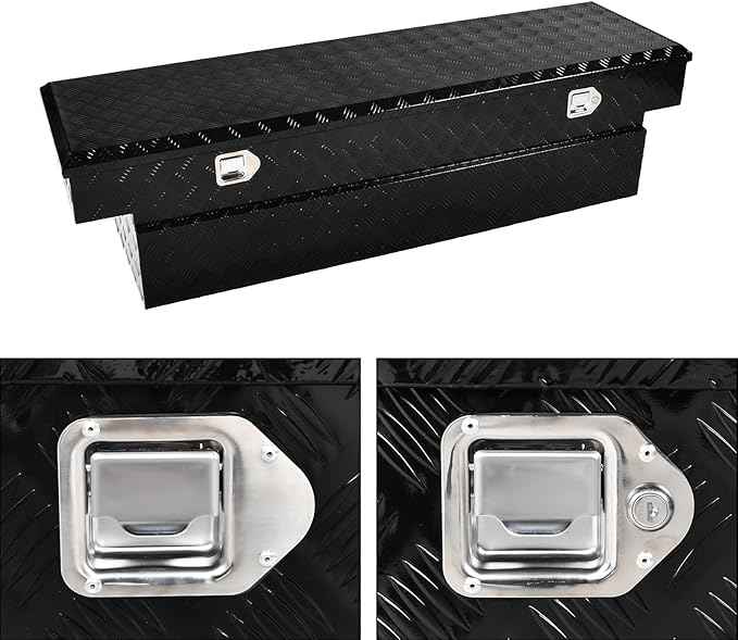 69 Inch Black Heavy Duty Aluminum Tool Box Wide Utility Trailer Stripes Plated 5 Bar Tread for Pick Up Truck Bed RV ATV Organizer Trailer Storage ToolBox w/Lock and Keys (69"X20"X17.5")