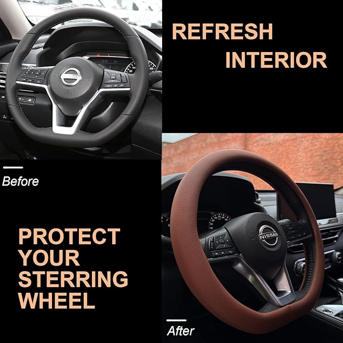 PINCTROT D Shaped Nappa Leather Steering Wheel Cover, Slim Fit No Bulk Design, One Piece Leather with Breathable Perforation, Fit Like Gloves, Flat Bottom 14.5-15 Inch(Nappa Brown)