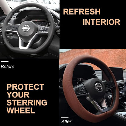 PINCTROT D Shaped Nappa Leather Steering Wheel Cover, Slim Fit No Bulk Design, One Piece Leather with Breathable Perforation, Fit Like Gloves, Flat Bottom 14.5-15 Inch(Nappa Brown)