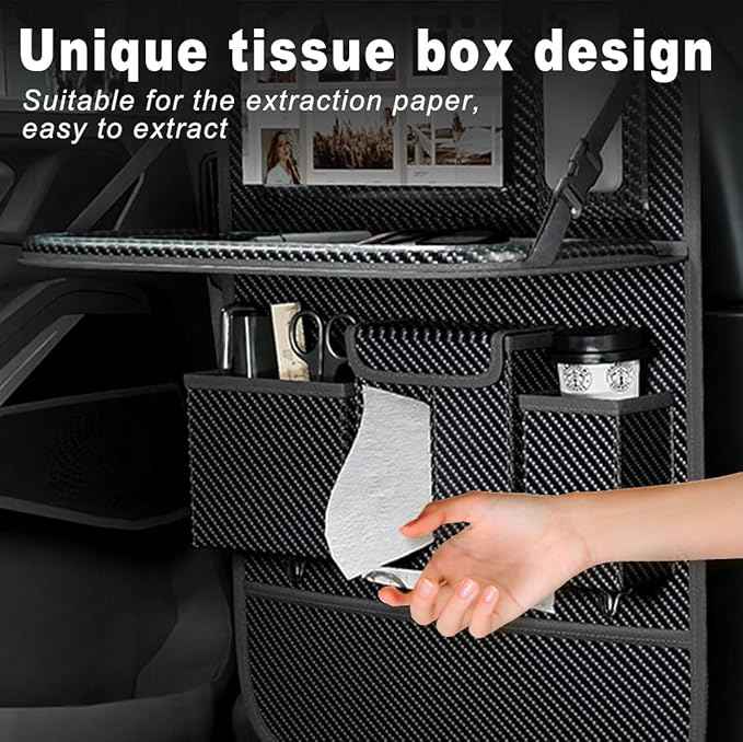 Car Seat Organizers,Multi-functional Back Seat Protectors, Storage Pouches, and Tray Holders (for Cars, Kids, Seat Back and Rear Seats) (Carbon Fiber, 2 Pcs)
