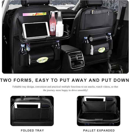 2PCS Car Backseat Organizer, Leather Multi-Pocket Seat Back Protector with Foldable Table Tray, Multifunctional Vehicle Storage Organizer Kick Mat for Kids Toddler Travel (Black)