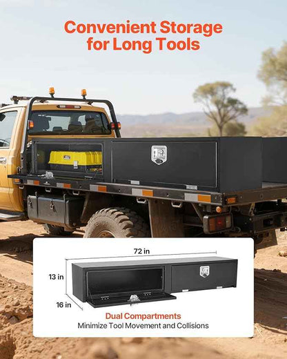 VEVOR Truck Tool Box, 72 x 13 x 16 Inch, Black Carbon Steel Topsider Toolbox with Dual Drop Doors, Heavy Duty Lockable Storage & Organization Box with Latch, Corrosion-Resistant, for Truck Bed Pickup