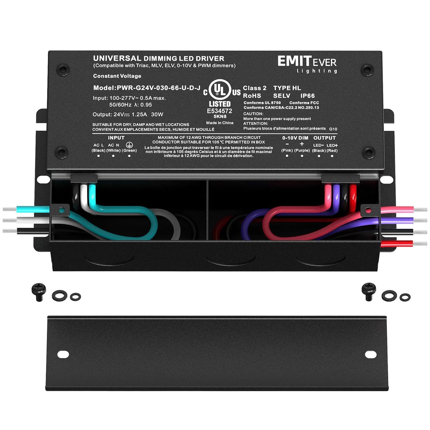 EMITEVER 30W Dimmable LED Driver, 24V Triac Dimmable Power Supply, AC to DC Transformer for LED Light, Compatible with Lutron and Leviton Dimmer, Waterproof IP67 and UL Listed, Class 2