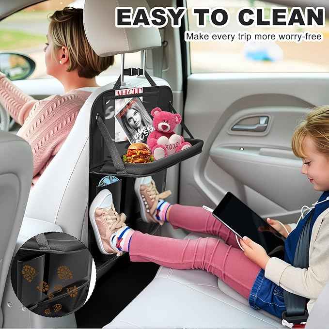Car Backseat Organizer with Tablet Holder,6 Storage Pockets Car Storage Organizer with Foldable Food Tray,Kick Mats Backseat Protector Travel Accessories (Black)