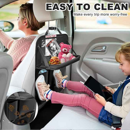 Car Backseat Organizer with Tablet Holder,6 Storage Pockets Car Storage Organizer with Foldable Food Tray,Kick Mats Backseat Protector Travel Accessories (Black)