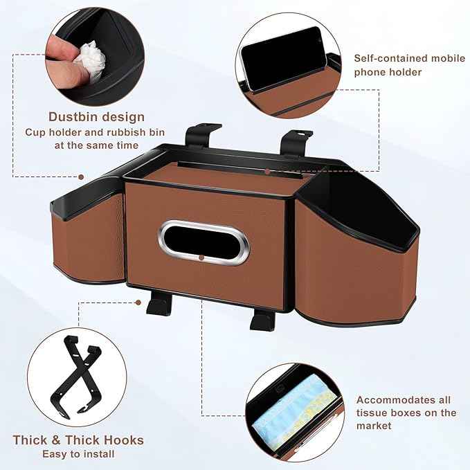 7-In-1 Car Seat Back Organizer with Cup Holders, Tissue Box, Garbage Can&Hooks, Multifunctional Headrest Storage Organizer, Headrest Cup Holder for Backseat, Car Accessories for Trips, Travels(Brown)