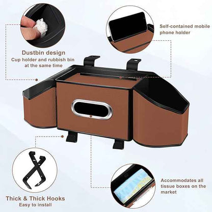 7-In-1 Car Seat Back Organizer with Cup Holders, Tissue Box, Garbage Can&Hooks, Multifunctional Headrest Storage Organizer, Headrest Cup Holder for Backseat, Car Accessories for Trips, Travels(Brown)