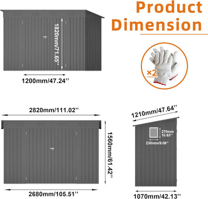 4 x 9 FT Metal Outdoor Storage Shed w/Lockable Door, Lean to Storage Sheds with Clear Window and Air Vents, All Weather Waterproof Garden Tool House for Backyard, Patio, Lawn, Gray