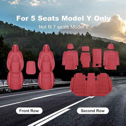 Tesla Model Y Car Seat Covers Nappa Leather Car Interior Seat Airbag Compatible Cushion Cover Full Set Custom Fit 2024 2023 2022 2021 2020, Nappa Wine Red