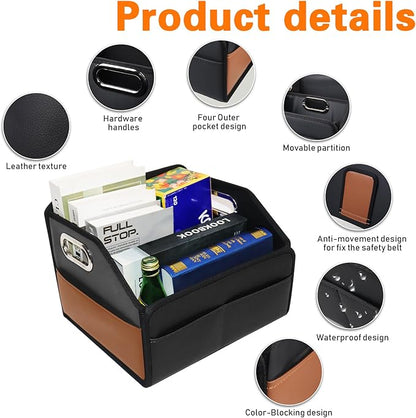 Noaman Car Organizer - 2025 Upgraded Leather Car Storage Organizer for Front Back Seat or Floor with 3 Metal Handles 6 Apartments, Multipurpose Car Organizers and Storage Black.