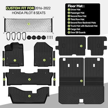 Tongama-Floor Mats for 2016-2022 Honda Pilot 8 Seats/Bench Seat(No Elite Models), All Weather TPE Trunk Mat with Backrest Mat & 2nd Row Backrest Mats & Cargo Net & Door Sill Guards Accessories