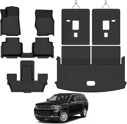 Custom Fit Floor Mats for Jeep Grand Cherokee L 6 Seats/Captain Seat 2021-2026(Without Center Console), All Weather TPE Floor Liners & Trunk Mat & Backrest Protectors, Full Set Accessories