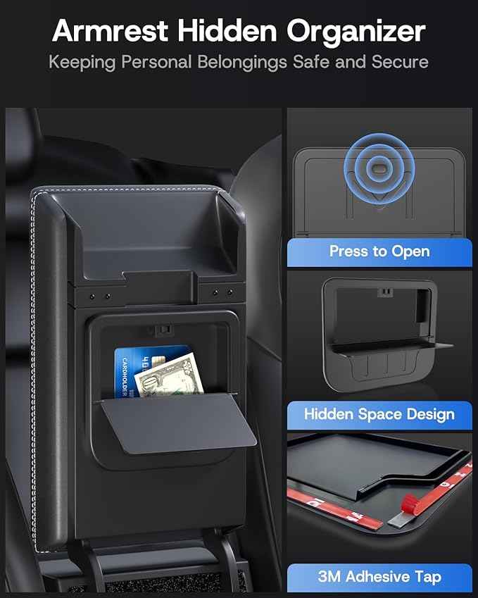 7PCS Center Console Organizer Tray for Tesla Model 3 Accessories 2024 2025 2026 [Premium PC + Silent Silicone Liner] Bottom Liners Armrest Privacy Hidden Storage Cup Holder Wireless Charging Pad
