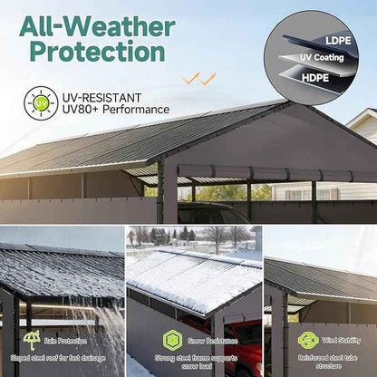 Redlife 11x21 FT Metal Carport, Heavy Duty Steel Frame Garage Shelter with Sloped Metal Roof, 3-Layer 201D Oxford Fabric Sidewalls, UV & Snow Resistant Outdoor Car Canopy for Cars, Trucks & Boats