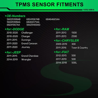 433MHz TPMS Sensors Pre-Programmed for:-Dodge Durango 2011-2015 Charger Challenger for:-Jeep Wrangler 2014-2019 Grand Cherokee for:-Ram 1500 2500 for:-Chrysler 300 OE#56029398AB