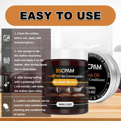 12oz Leather Recoloring Balm & 3.4oz Mink Oil Leather Conditioner kit,Medium Brown Leather Color Repair Kits for Couches, Leather Couch Paint Scratch Repair for Furniture Car Sofa Shoes Leather Dye