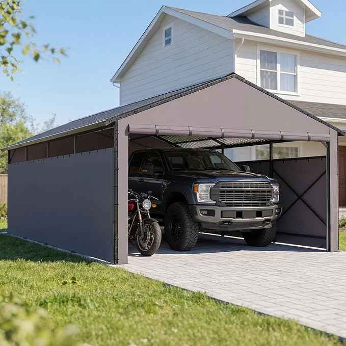 Redlife 11x21 FT Metal Carport, Heavy Duty Steel Frame Garage Shelter with Sloped Metal Roof, 3-Layer 201D Oxford Fabric Sidewalls, UV & Snow Resistant Outdoor Car Canopy for Cars, Trucks & Boats