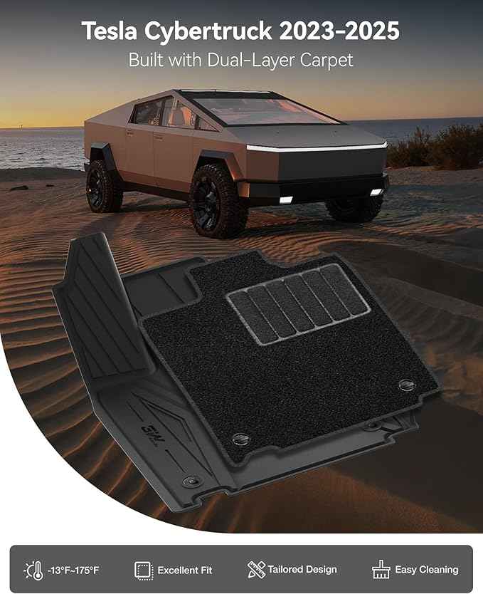 3W Floor Mats with Carpet & Cargo Liner for Tesla Cybertruck 2023 2024 2025 2026, All Weather Waterproof Heavy Duty Accessories Custom Fit Automotive Double Layer Floor Liners & Sub Storage Trunk Mat