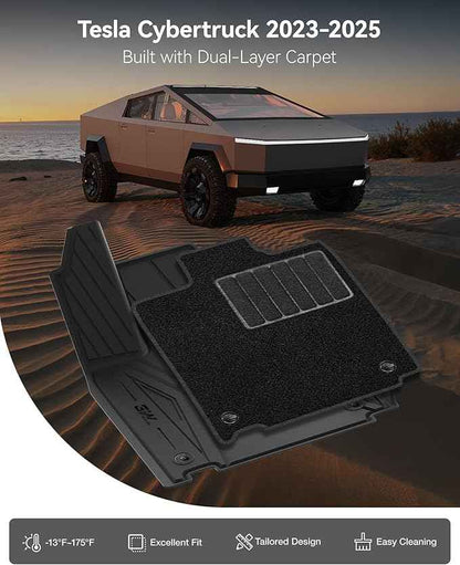 3W Floor Mats with Carpet & Cargo Liner for Tesla Cybertruck 2023 2024 2025 2026, All Weather Waterproof Heavy Duty Accessories Custom Fit Automotive Double Layer Floor Liners & Sub Storage Trunk Mat