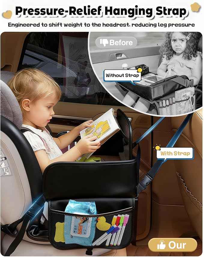Leather Kids Travel Tray for Car - Car Seat Tray for Kids Travel, Road Trip Essentials, Carseat Table for Roadtrip Activities - Must Have Toddler Lap Desk Organizer for Airplane (Black)