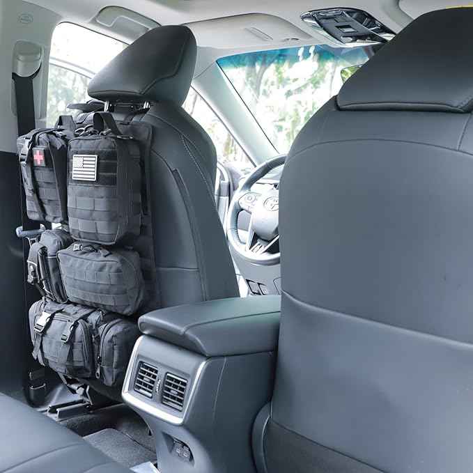 tactical car seat back organizer and storage truck seat covers with a Molle Vehicle Panel and 5 Different Size Molle Pouches for most models such as Jeep,SUV,Pickup(Black)